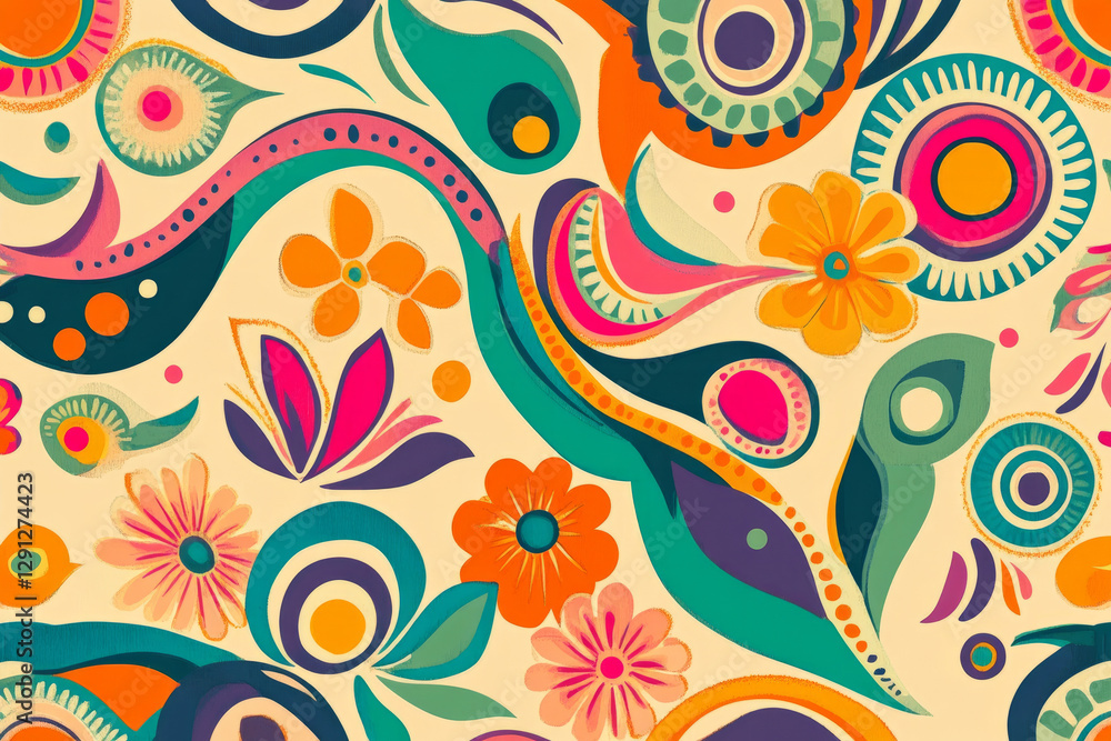 Naklejka premium Illustration of a funky retro inspired pattern featuring stylized paisley swirls, bright pop art flowers, and wavy psychedelic lines in warm 1970s tones. The vibrant, vintage aesthetic is bold and eye