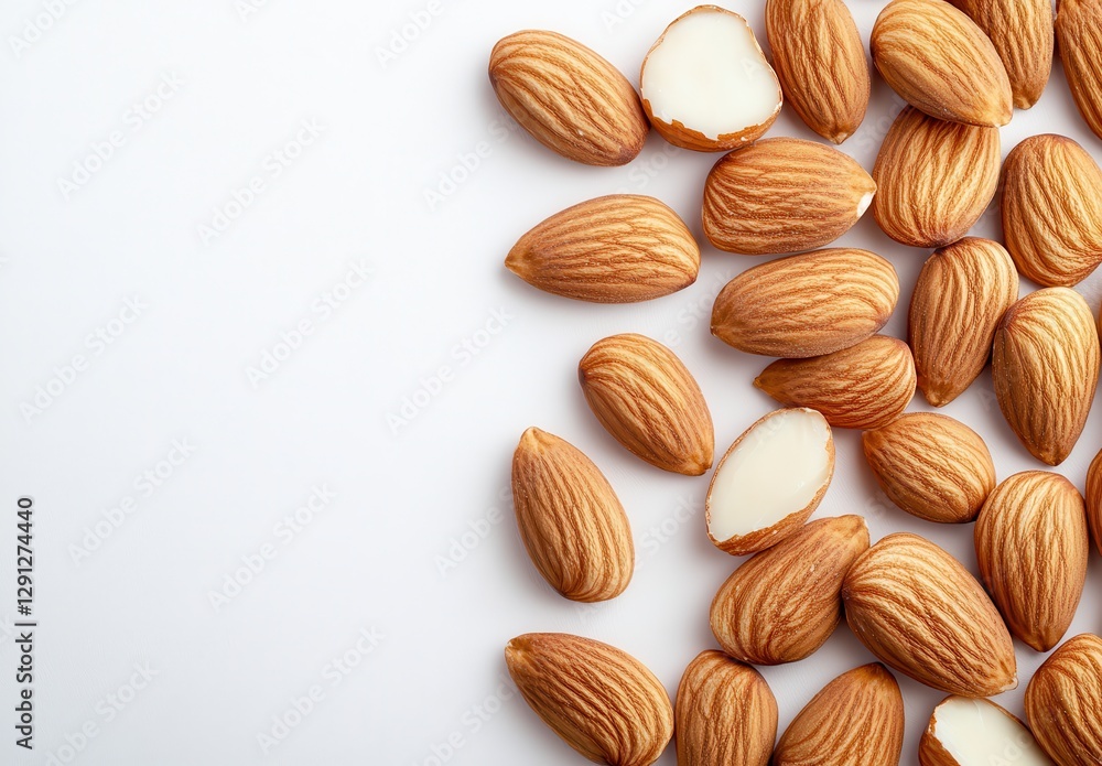 Raw and roasted almond nuts spread on a clean white surface showcasing their natural texture and healthy snack appeal for photography and design purposes Raw and roasted almond nuts spread on a clean white surface showcasing their natural texture and healthy snack appeal for photography and design purposes