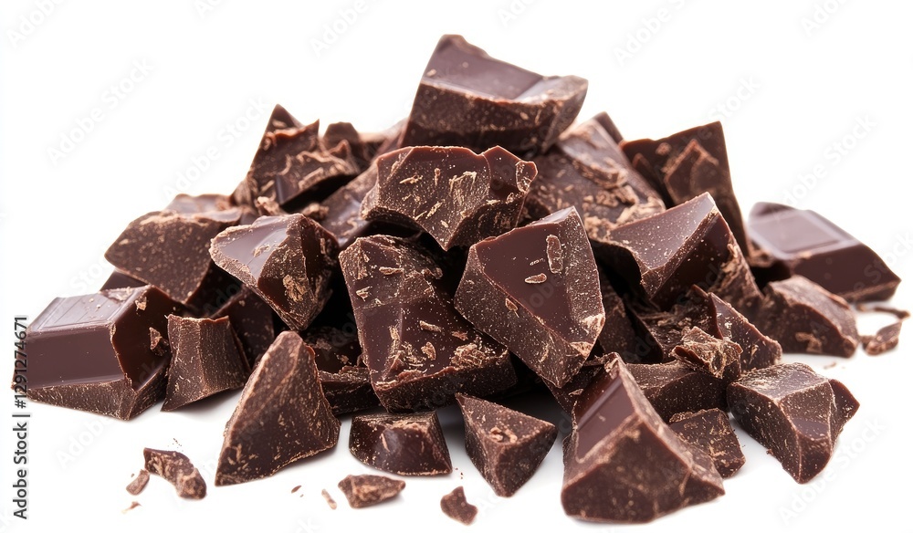 Broken dark chocolate chunks pile on white Broken dark chocolate chunks pile on white