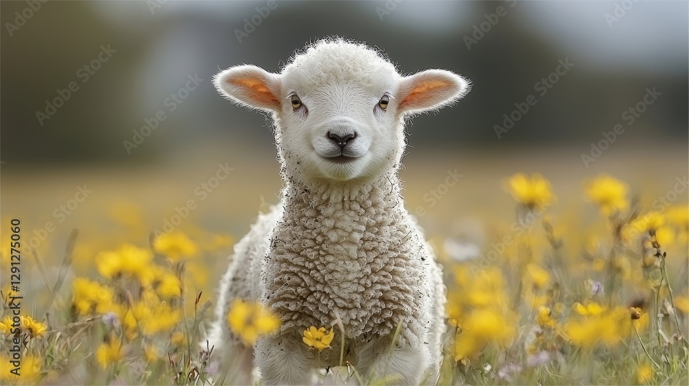 Fototapeta premium Adorable close-up of a fluffy sheep lamb standing in a vibrant field of wildflowers during a sunny spring day