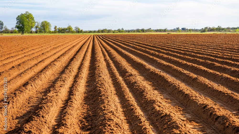 A freshly plowed field with rich brown soil and deep furrows stretching towards the horizon under a soft blue sky. A freshly plowed field with rich brown soil and deep furrows stretching towards the horizon under a soft blue sky.