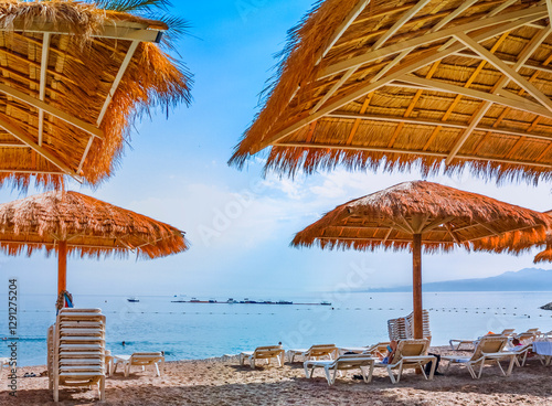 Swimming morning at sandy beach of the Red Sea, panoramic view from central s...