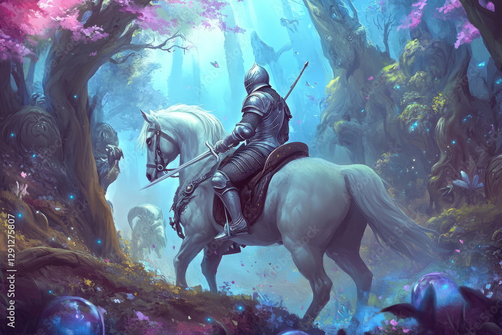 Naklejka premium Illustration of a brave knight riding a white steed through a lush, enchanted forest. The knight wears shining armor, holding a sword, ready for adventure. The background is filled with mystical