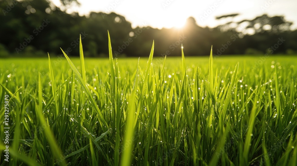 Obraz premium A green rice paddy field, demonstrating sustainable wetland farming practices.