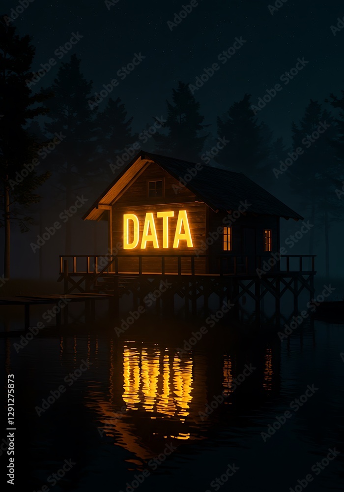 Fototapeta premium A house labeled data on a binary water lake symbolizes a data lakehouse.