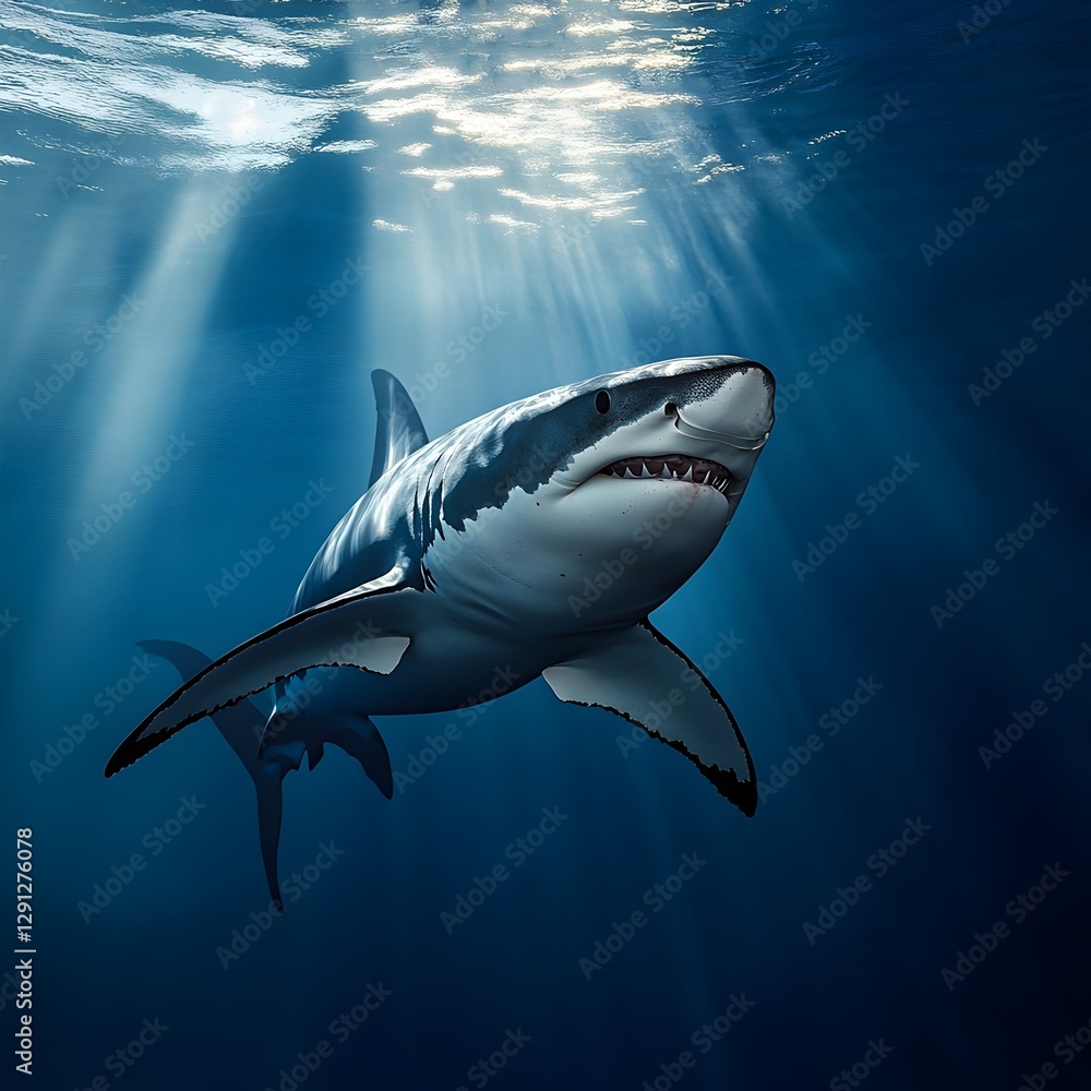 Fototapeta premium Majestic great white shark swimming gracefully in the clear blue ocean waters