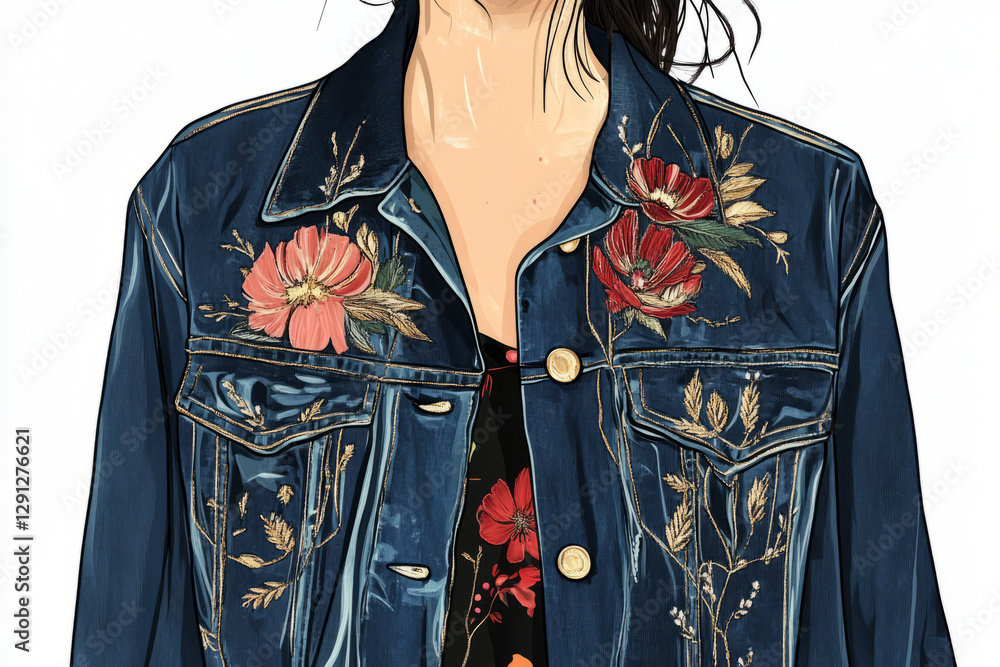 Illustration of a casual chic outfit featuring a denim jacket with floral embroidery. The floral design adds a feminine touch to the rugged denim, creating a perfect combination of style and comfort. Illustration of a casual chic outfit featuring a denim jacket with floral embroidery. The floral design adds a feminine touch to the rugged denim, creating a perfect combination of style and comfort.