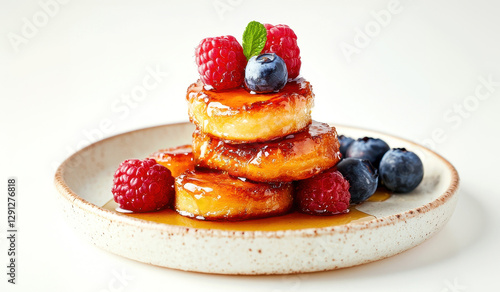 Delicious syrniki pancakes with fresh berries and maple syrup for breakfast delight photo