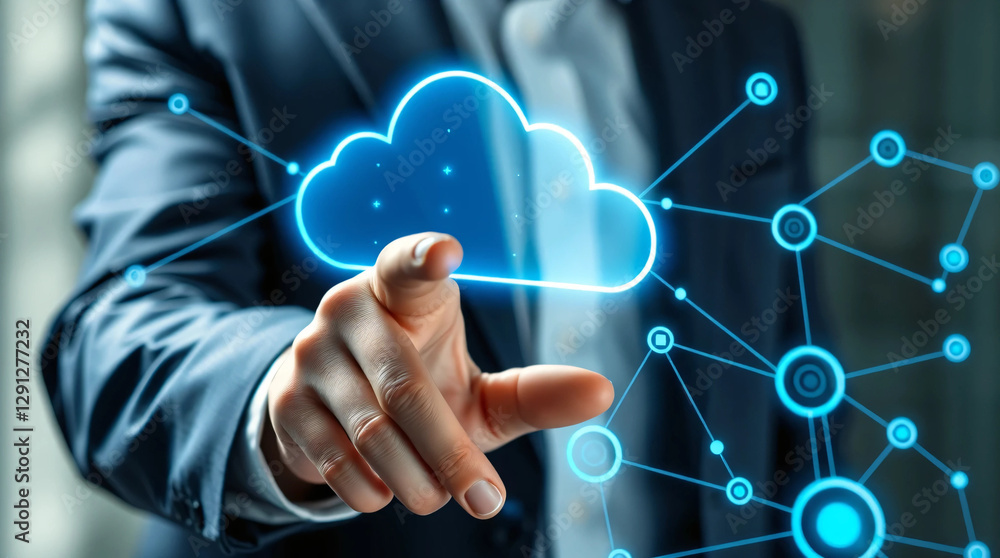 Businessman Presents Futuristic Cloud Computing Network Businessman Presents Futuristic Cloud Computing Network