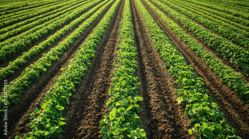 A lush green agricultural field with organic manure spread evenly between rows of crops. A lush green agricultural field with organic manure spread evenly between rows of crops.