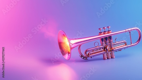 A vibrant trumpet emits colorful light against a gradient background, showcasing its sleek design and artistic flair.