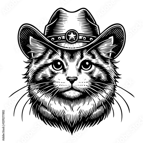 Cat wear cowboy hat sketch engraving black and white outline. Scratch board imitation.
