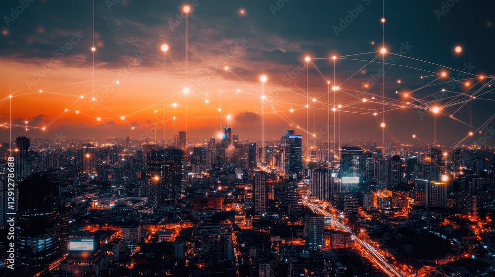 A modern city skyline with integrated technology, featuring smart lighting and connected infrastructure.