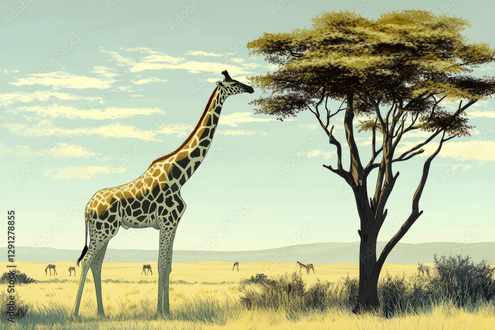 Fototapeta premium Illustration of a graceful giraffe standing tall in the African savannah, its long neck stretching up to nibble on the leaves of a tall tree. The peaceful scene captures the elegance and beauty of the