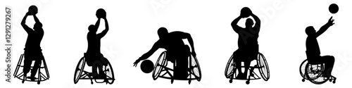 Set of silhouettes of basketball players in wheelchairs.Silhouettes of disabled athletes.Vector illustration.
