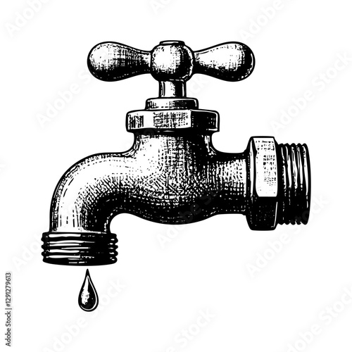 Faucet sketch engraving black and white outline. Scratch board imitation.
