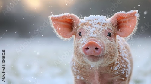 Joyful piglet enjoying a snowy landscape with delicate snowflakes falling around, creating a charming winter atmosphere