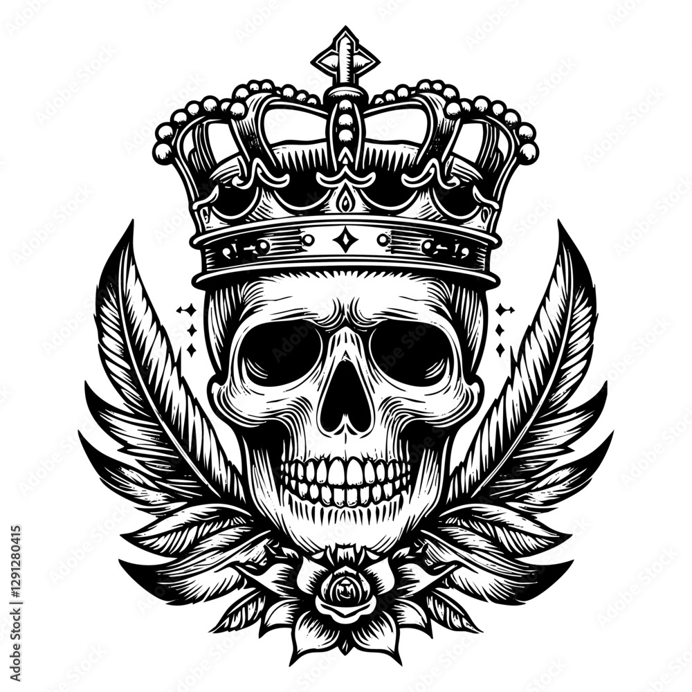 Obraz premium Skull wear crown sketch engraving black and white outline. Scratch board imitation.