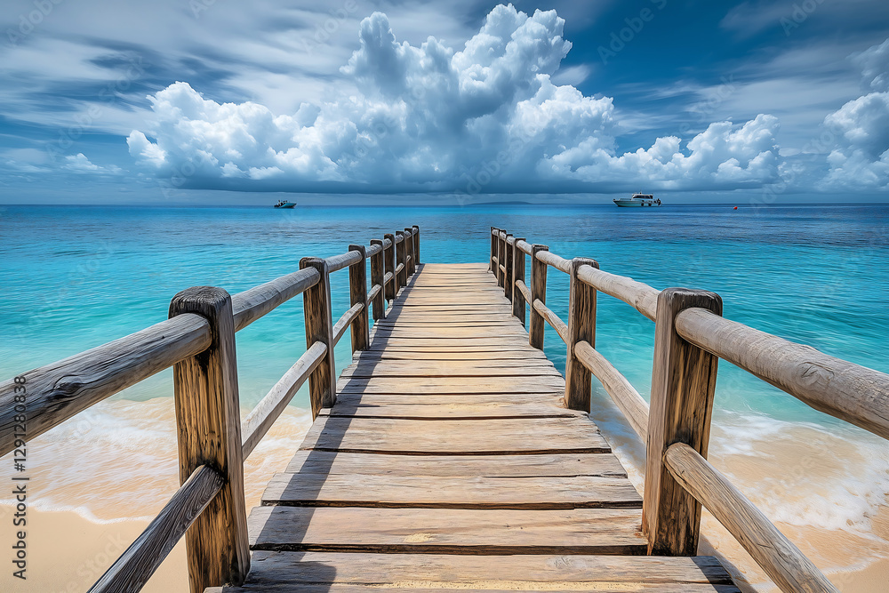 Obraz premium Tropical Wooden Pier Extending into Turquoise Ocean – Scenic Beach Paradise with Blue Sky perfect for travel, vacation destinations, relaxation, and beach paradise themes.