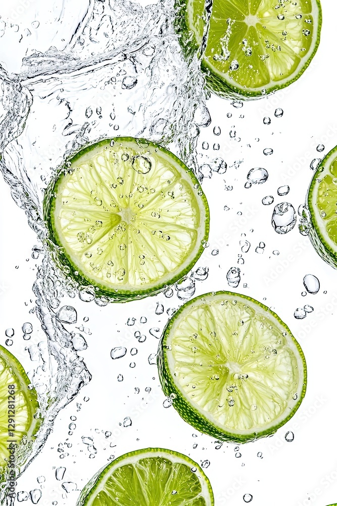 Fresh lime slices floating in sparkling water with bubbles on a white background, refreshing citrus beverage concept Fresh lime slices floating in sparkling water with bubbles on a white background, refreshing citrus beverage concept