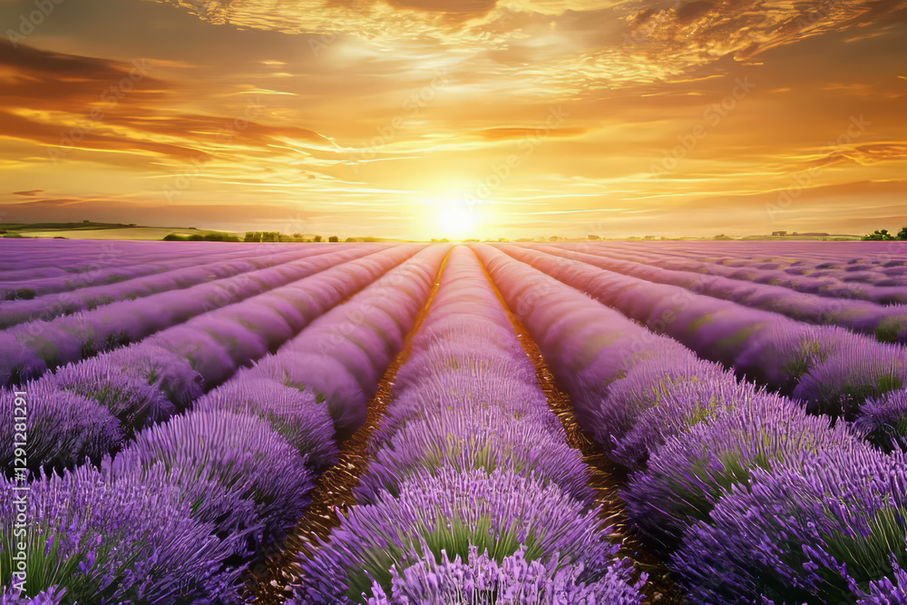 Obraz premium Illustration of a breathtaking lavender field stretching endlessly under a golden sunset sky. The rows of purple flowers create a mesmerizing pattern, while a gentle breeze sways the blossoms,