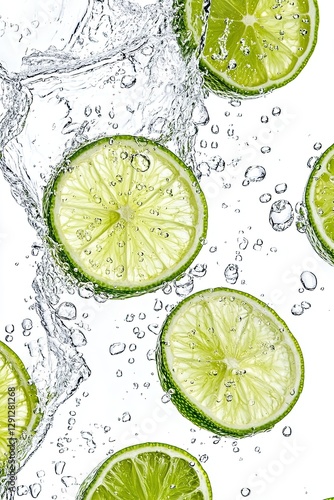  Fresh lime slices floating in sparkling water with bubbles on a white background, refreshing citrus beverage concept