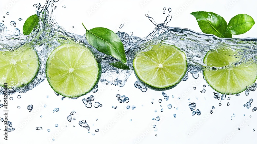 Fresh lime slices splashing in crystal clear water with green leaves on a white background, refreshing citrus concept Fresh lime slices splashing in crystal clear water with green leaves on a white background, refreshing citrus concept