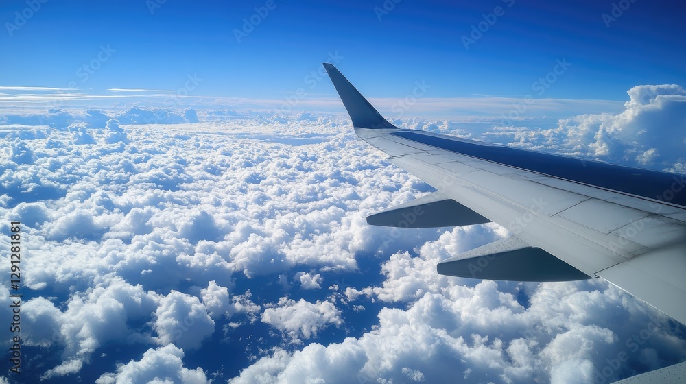 A serene shot of an airplane's wing cutting through the sky, with fluffy clouds below and the clear horizon visible ahead. A serene shot of an airplane's wing cutting through the sky, with fluffy clouds below and the clear horizon visible ahead.