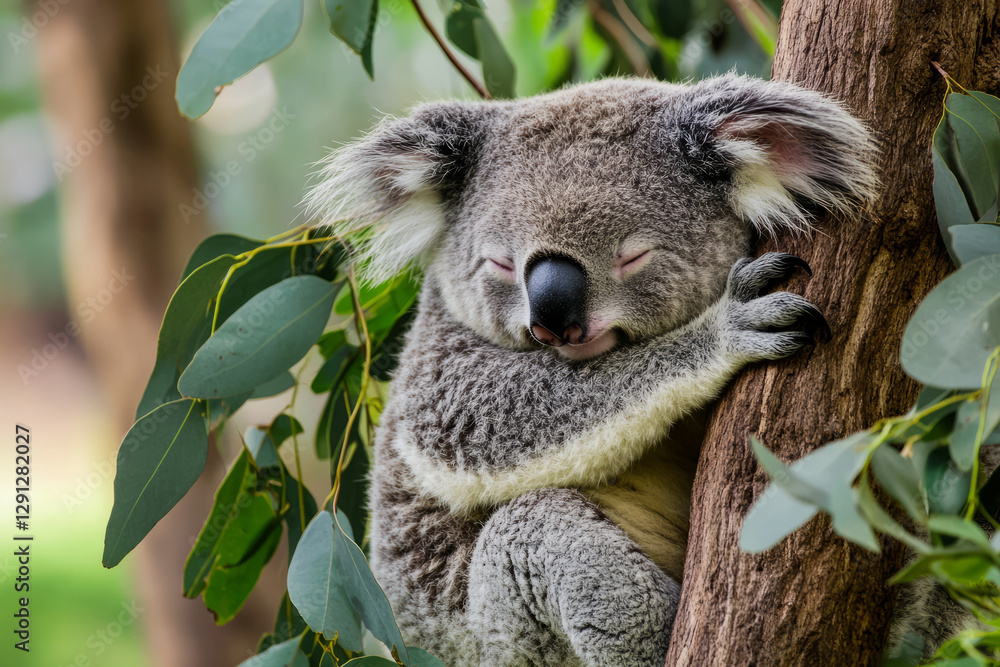 Obraz premium A sleepy koala hugging a tree branch, its soft fur blending into the eucalyptus leaves. The peaceful expression on its face captures a sense of calm and serenity.