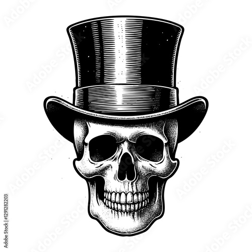 Skull wear top hat isolated engraving black and white outline. Scratch board imitation.