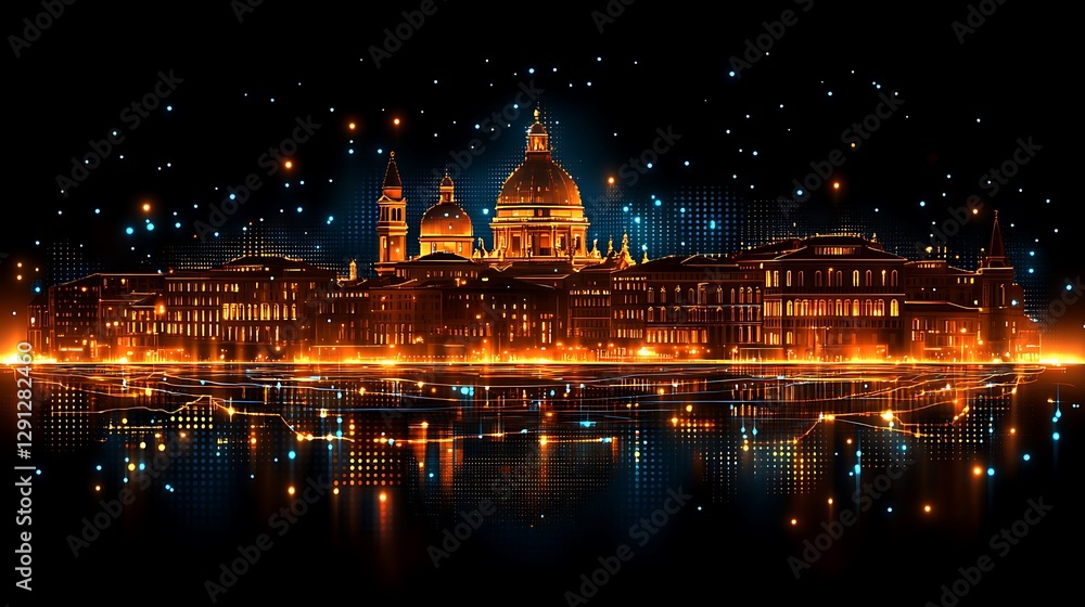 Fototapeta premium Digital Venice Night Skyline, Data Glow