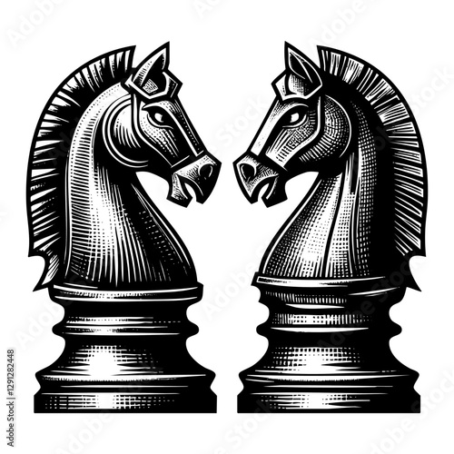 Chess knight sketch engraving black and white outline. Scratch board imitation.  illustrated in vintage line art style on a white background.
