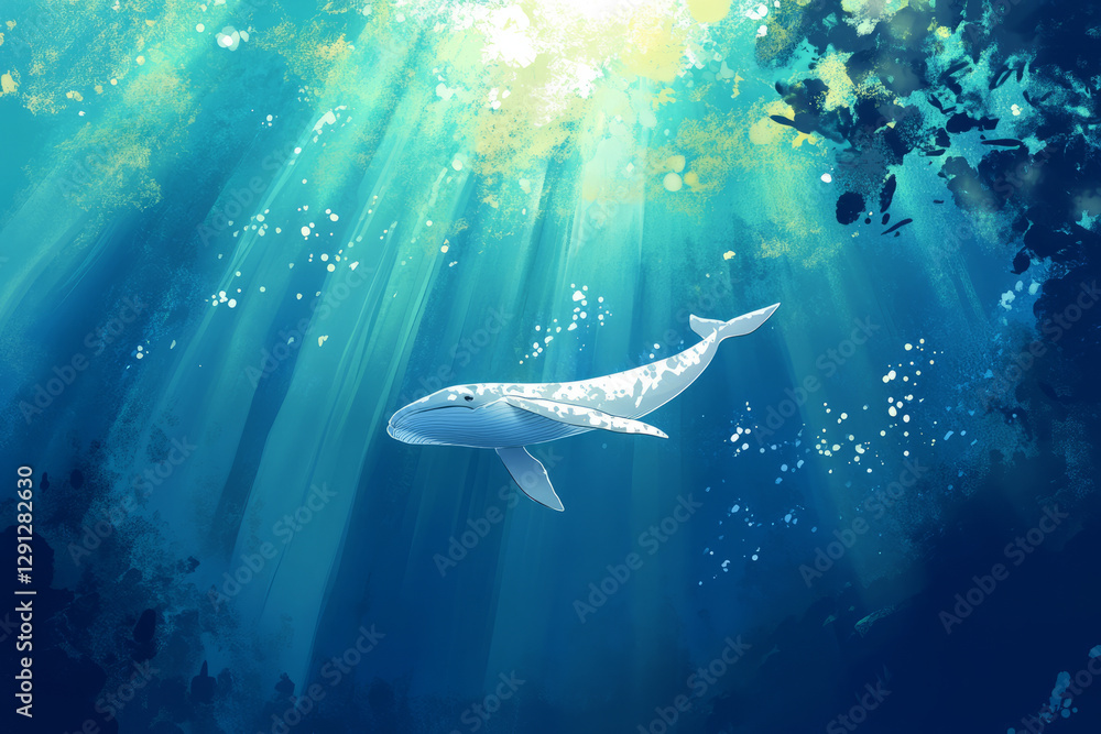 Obraz premium Illustration of a large, majestic whale gliding through the deep blue ocean, with sunlight filtering through the water above. The whale graceful movements are captured in this serene underwater scene.
