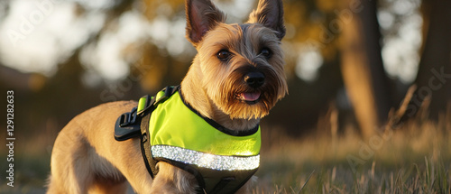 Terrier Dog Wearing Reflective Safety Gear for Outdoor Adventures Ensuring Visibility and Protection During Day and Night Walks in Urban and Rural Settings
