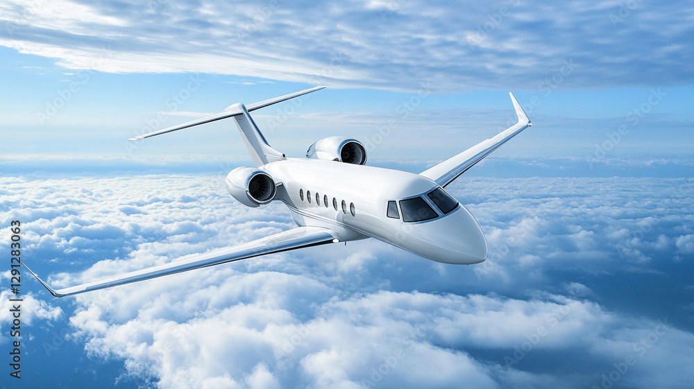 Fototapeta premium A white plane flies in a blue sky with clouds.