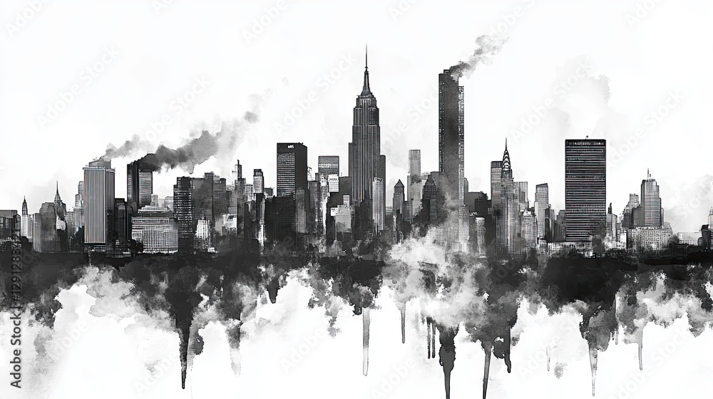Obraz premium Abstract black and white city skyline with smoke and reflections, artistic urban landscape illustration