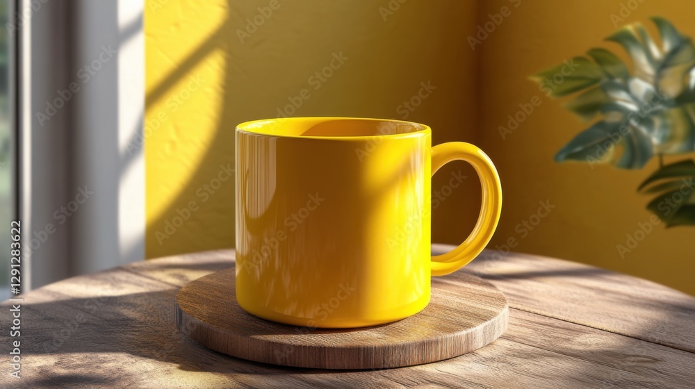 yellow mug on wooden table in sunny room yellow mug on wooden table in sunny room