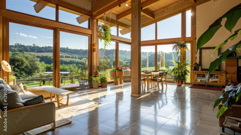 Fototapeta premium A passive solar home with large south-facing windows and thermal mass walls, surrounded by a sunny landscape