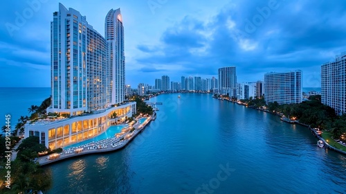 Evening Cityscape Modern Highrises and Calm Waters at Twilight
