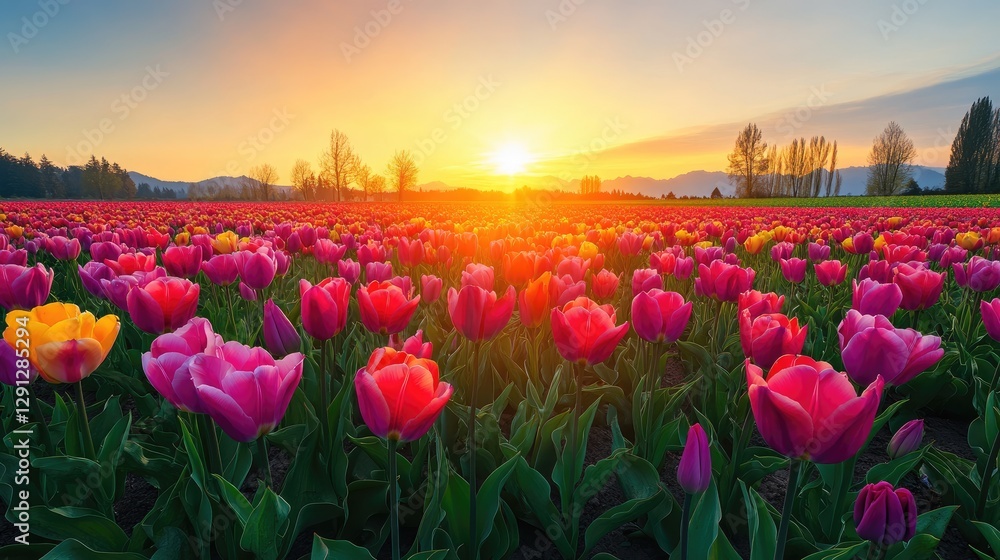 Obraz premium A tulip field in full bloom with vibrant colors stretching towards the horizon, under soft morning light.