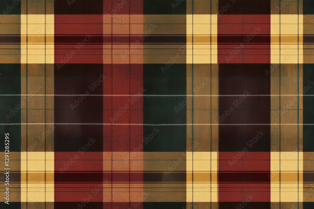 Illustration of a classic plaid design in warm earth tones of burgundy, mustard, and forest green. The pattern is bold and timeless, evoking cozy autumn vibes and perfect for woolen scarves and Illustration of a classic plaid design in warm earth tones of burgundy, mustard, and forest green. The pattern is bold and timeless, evoking cozy autumn vibes and perfect for woolen scarves and