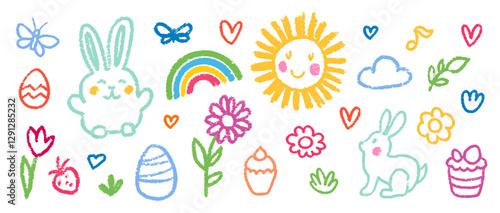 Crayon Pencil Colorful Easter Squiggles Vector Set. Chalk Scribble Spring Shapes Collection. Hand Drawn Brush Texture Holiday Flowers, Bunny and Eggs Squiggles. Pencil Childish Girly Charcoal Doodles