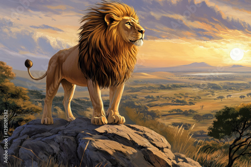 Illustration of a majestic lion standing tall on a rocky outcrop, surveying the savannah below. The golden mane blows gently in the wind as the setting sun casts a warm glow on the landscape.