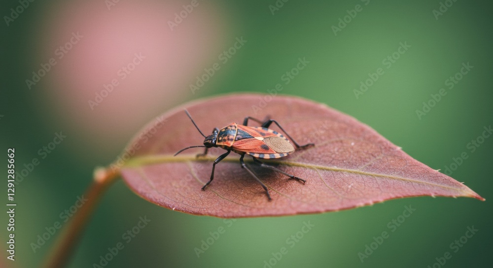 Naklejka premium Close-up of a vibrant seed bug perched on a leaf, surrounded by a soft-focus green background