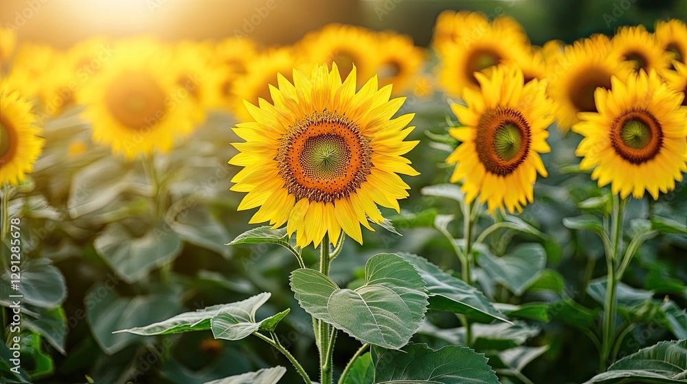 A vibrant sunflower field with towering yellow blooms facing the sun, their green leaves creating a dense, healthy agricultural environment. A vibrant sunflower field with towering yellow blooms facing the sun, their green leaves creating a dense, healthy agricultural environment.