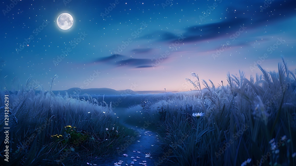Fototapeta premium Beautiful Blue Skies with Nature, Bright Moon ,Cloud ,Beach scenery, Tree, night -Anime concept Background