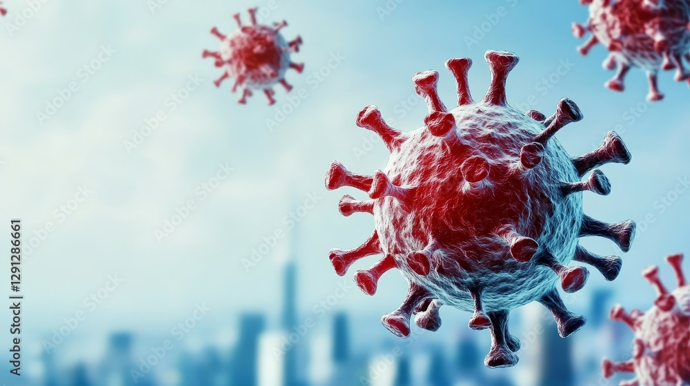 Global and Economic concept. Microscopic view of a virus with a cityscape in the background.