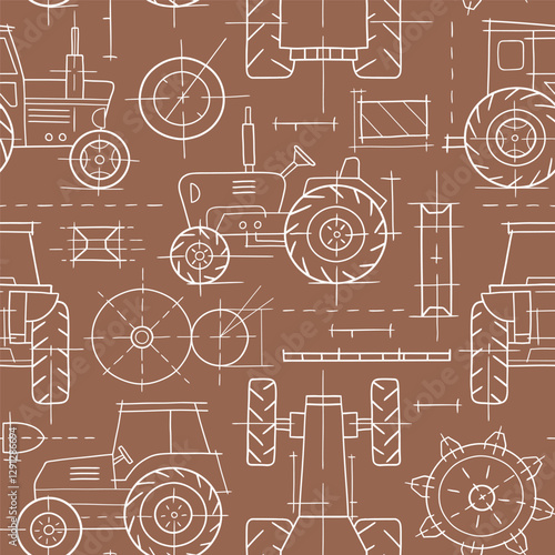 Seamless pattern with hand drawn vector tractor blueprint. Heavy vehicle sketch design. Perfect for textile, wallpaper or print design. EPS10 vector file.