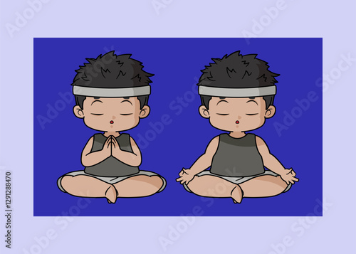 A stylish chibi boy is practicing meditation.  A chibi boy is seriously performing the Sukhasana Easy Pose and the Padmasana Lotus Pose. 