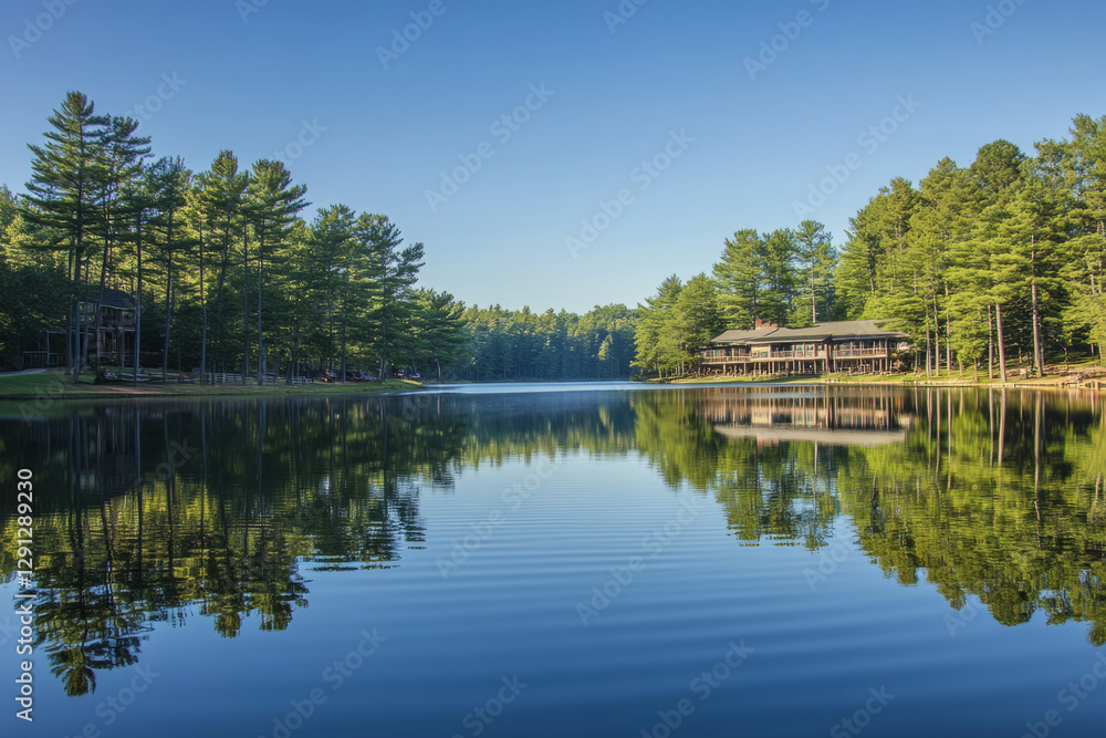 A calm, crystal clear lake surrounded by towering pine trees, with the reflection of the trees perfectly mirrored on the water. Soft ripples in the water suggest a gentle breeze. A calm, crystal clear lake surrounded by towering pine trees, with the reflection of the trees perfectly mirrored on the water. Soft ripples in the water suggest a gentle breeze.